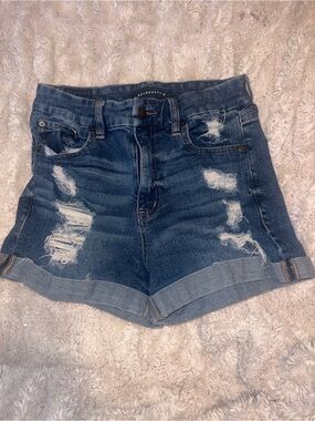 Aeropostale Women's Dark Blue Distressed Rolled Hem Denim Shorts